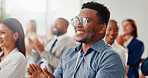 Conference, applause and business people with man, seminar and feedback with success. Audience, crowd and group in workplace, clapping and support with thank you, goals or awards event with cheering