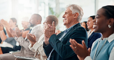 Buy stock photo Conference, applause and business people with achievement, seminar and feedback with support. Audience, crowd and group in workplace, clapping and success with thank you, goals or event with cheering