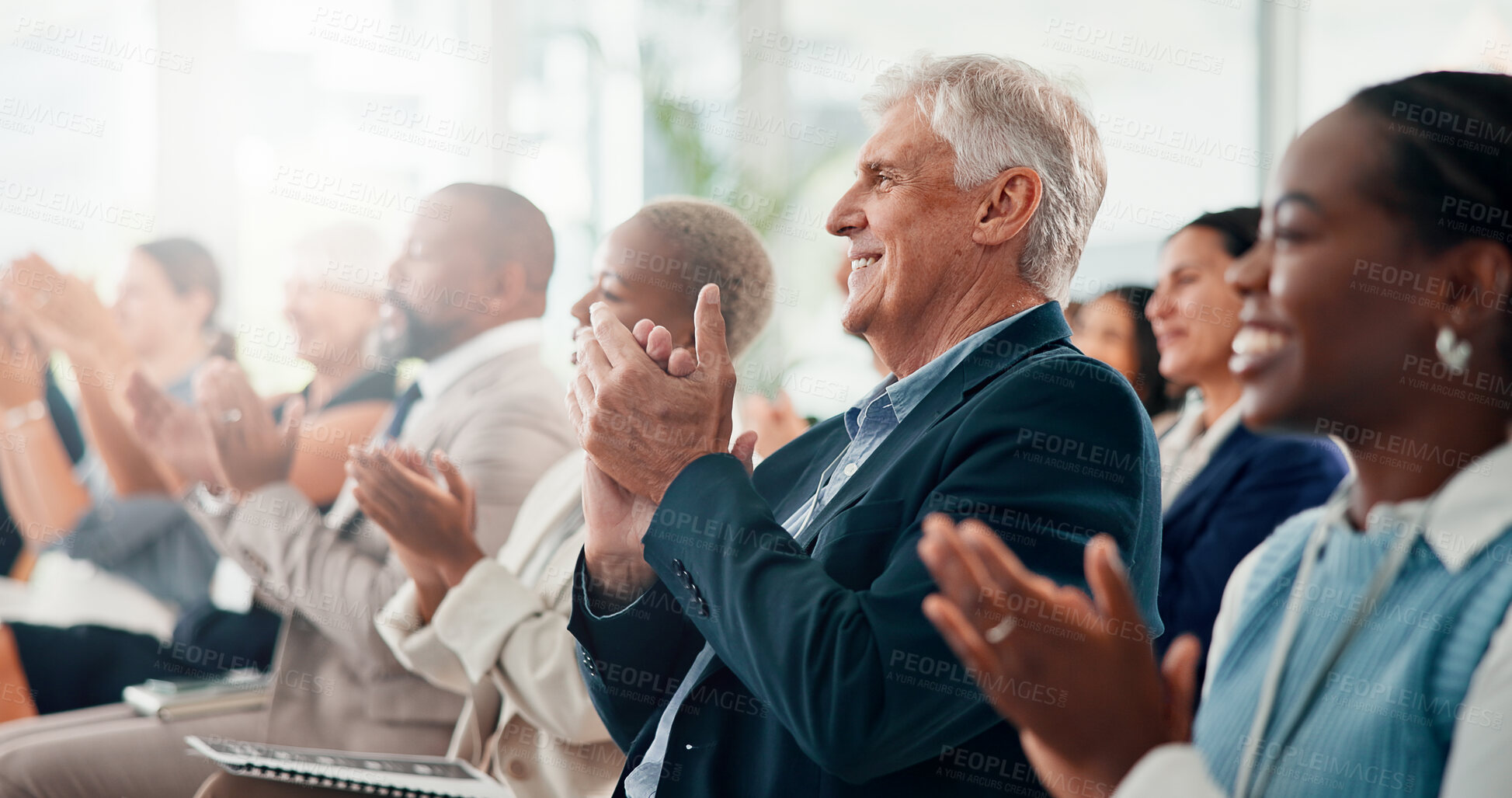 Buy stock photo Conference, applause and business people with achievement, seminar and feedback with support. Audience, crowd and group in workplace, clapping and success with thank you, goals or event with cheering