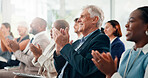 Conference, applause and business people with support, seminar and feedback with awards. Audience, crowd and group in office, clapping and success with profit growth, cheering or company development