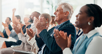 Buy stock photo Conference, applause and business people with cheering, seminar or feedback with support. Audience, crowd or group with clapping, profit growth or smile with thank you, kpi target or event for awards