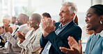 Seminar, applause and business people with achievement, cheering and team building with support. Audience, crowd and group in workplace, clapping and success with thank you, goals or event for awards