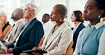 Conference, audience and people listening to business seminar with employees or team in crowd. Female person, feedback and group in meeting, presentation or training for corporate career at company