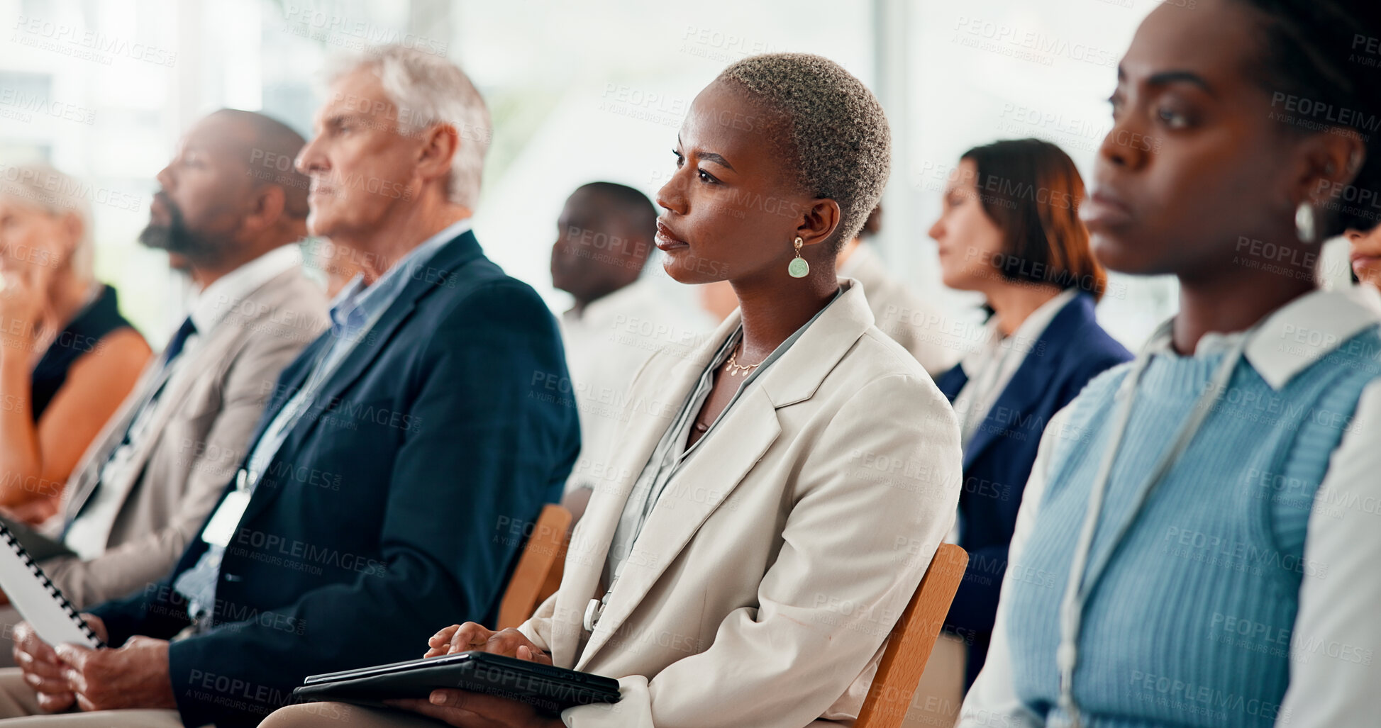 Buy stock photo Conference, audience and people listening to business seminar with employees or team in crowd. Female person, feedback and group in meeting, presentation or training for corporate career at company