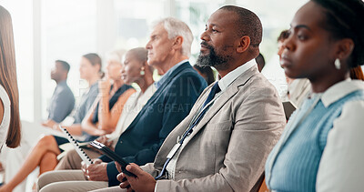 Buy stock photo Tablet, meeting and business man at conference for seminar schedule, economic forum and audience. Finance workshop, market research report and tradeshow event with people at convention expo for plan