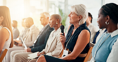 Buy stock photo Microphone, question and business woman at conference for seminar faq, economic forum and meeting. Finance workshop, market research or tradeshow event with people at convention expo for spokesperson