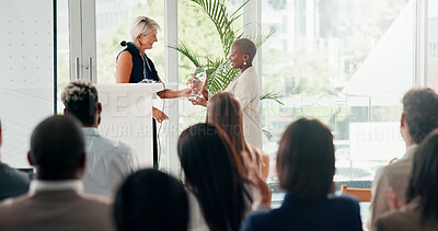 Buy stock photo Business, women and smile for award, success and congratulations for achievement, ceremony and team. Accomplishment, people and prize for employee in event, colleagues and recognition in company