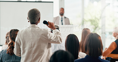 Buy stock photo Conference, woman and mic with question for business, opinion or employee engagement in meeting. Audience, back or person in seminar with discussion, presentation or speech for understanding workshop