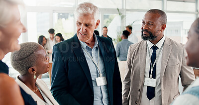 Buy stock photo Conference, team and networking with business people at event for global forum, investor summit and meeting. Tradeshow seminar, b2b convention and expo with employees in lobby for brand exposure