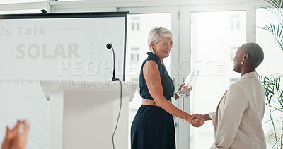 Buy stock photo Business, women and handshake for award, success and congratulations for achievement, ceremony and team. Shaking hands, colleagues and gesture for appreciation to employee, prize and accomplishment