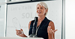 Sustainability, talking and woman with solar award, presentation and success for innovation project. Happy, employee and celebration with business support, audience and renewable energy with speaker