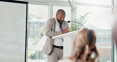 Buy stock photo Presentation, podium and man with business people for conference, training and meeting. Corporate speaker, discussion and worker in workshop, convention or seminar for financial coaching in boardroom