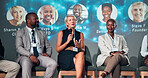 Business people, speaker and microphone for audience, presentation and seminar for start up conference or convention. Woman, panel and question for international trade show, event or workshop