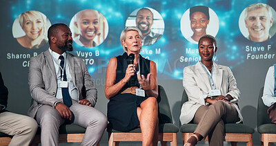 Buy stock photo Business people, speaker and microphone for audience, presentation and seminar for start up conference or convention. Woman, panel and question for international trade show, event or workshop