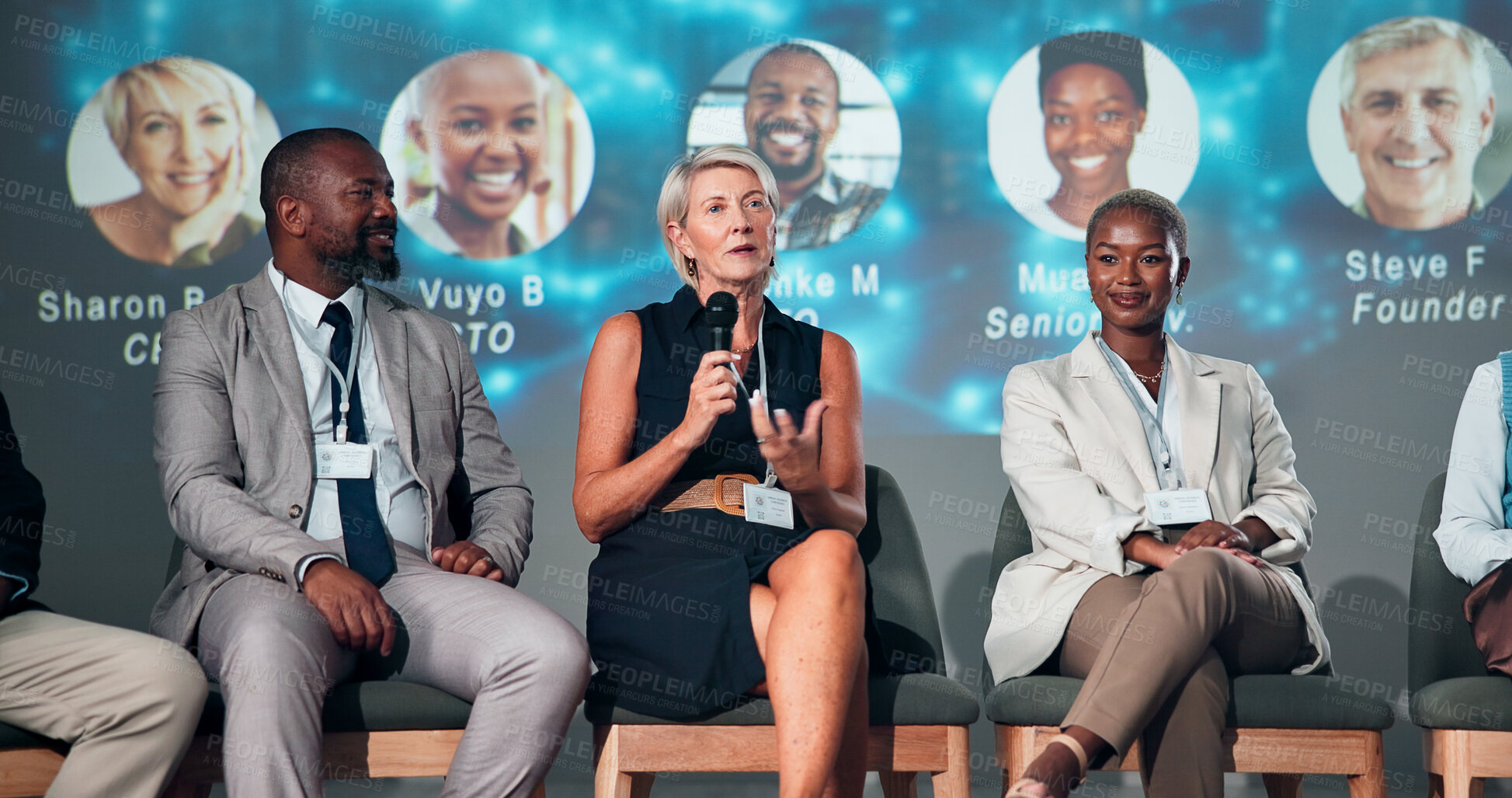 Buy stock photo Business people, speaker and microphone for audience, presentation and seminar for start up conference or convention. Woman, panel and question for international trade show, event or workshop