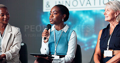 Buy stock photo Woman, speaker and tablet with mic at seminar for presentation or innovation at workshop. Group, employees or spokesperson with technology for speech, tech campaign or future development at workplace