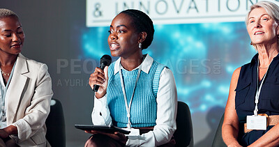 Buy stock photo Business women, speaker and microphone for seminar, presentation and audience for conference or convention. People, tablet and question for affirmative action trade show, event or innovation workshop