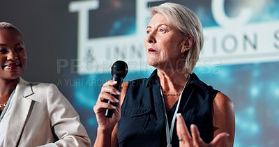 Buy stock photo Business woman, mentor and microphone for seminar, presentation and speaker for conference or convention. People, panel and question for affirmative action trade show, event or innovation workshop