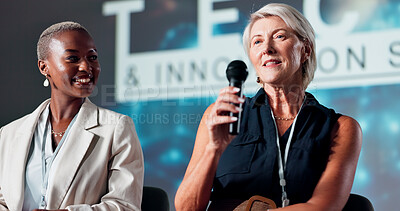 Buy stock photo Happy woman, speaker and speech with mic at seminar for presentation or innovation at workshop. Female people, employees or spokesperson with talkshow for tech campaign, new app or future development