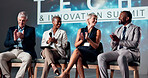 Clapping hands, seminar and group of speakers on stage for tech and innovation summit for investment. Applause, presentation and team of entrepreneurs with business ideas for investors at conference.
