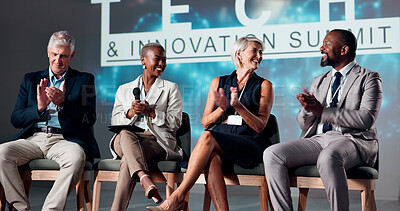 Buy stock photo Clapping hands, seminar and group of speakers on stage for tech and innovation summit for investment. Applause, presentation and team of entrepreneurs with business ideas for investors at conference.