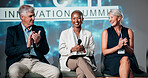 Happy people, speaker and meeting with applause at seminar for presentation or innovation at workshop. Group, employees or spokesperson clapping with smile for speech, tech campaign or development