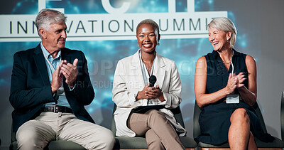 Buy stock photo Happy people, speaker and meeting with applause at seminar for presentation or innovation at workshop. Group, employees or spokesperson clapping with smile for speech, tech campaign or development