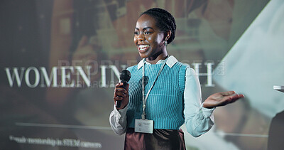 Buy stock photo Business, speech and happy black woman at conference with mic for motivation at tech seminar. Keynote speaker, convention and presentation at event for advice, empowerment or equality with programmer