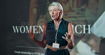 Buy stock photo Business, speech and woman at seminar for motivation at tech conference. Convention, presentation and keynote speaker at event for training, coaching and advice for inspiration with mature programmer