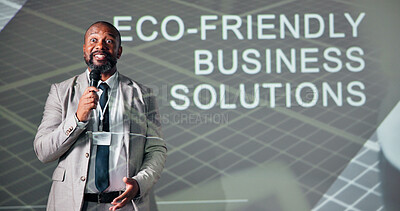 Buy stock photo Business, black man and seminar for climate change, presentation and microphone with speaker. Public speaking, motivation and eco friendly conference for solution, idea pitch and education forum