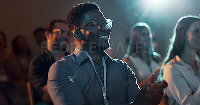 Buy stock photo Applause, night and business man at conference for tech seminar, app success and quantum computing technology. Innovation, achievement and workshop panel with people or audience at expo for ai forum