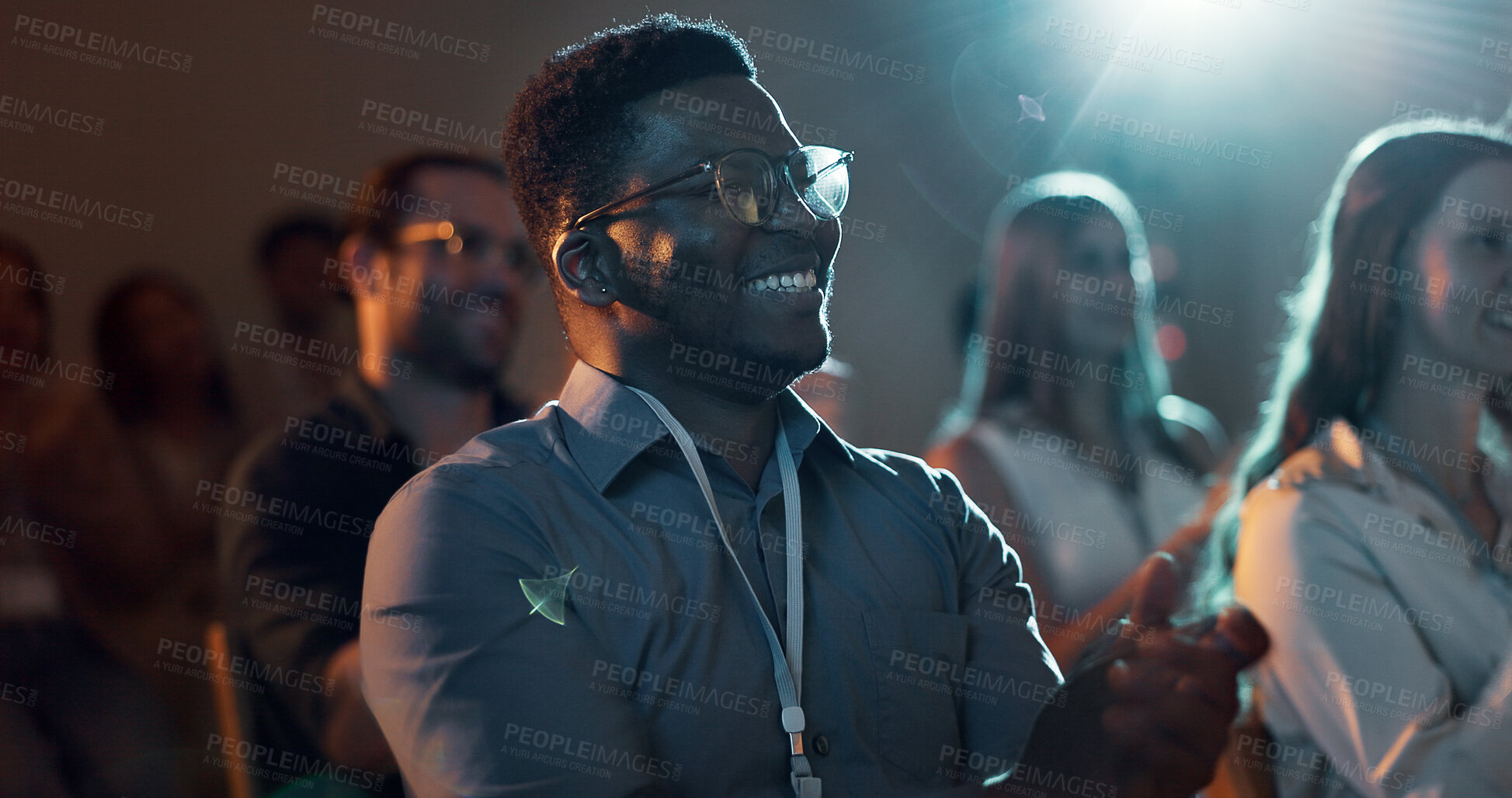 Buy stock photo Applause, night and business man at conference for tech seminar, app success and quantum computing technology. Innovation, achievement and workshop panel with people or audience at expo for ai forum