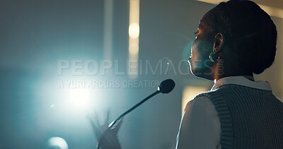 Buy stock photo Business woman, speaker and microphone for audience, presentation and seminar for conference or convention. Female person, back and podium for international trade show, event or training workshop