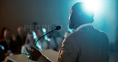 Buy stock photo Businessman, speaker and microphone for seminar, presentation and audience for conference or convention. Person, back and podium speech for international trade show, event or training workshop