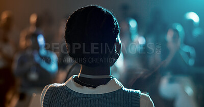 Buy stock photo Business woman, speaker and speech for seminar, presentation and audience for conference or convention. Female person, back and podium for international trade show, event or training workshop