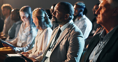 Buy stock photo Business people, audience and man with tablet at convention for career expo, finance speech and diversity. Crowd, group and listening at international event for financial development and presentation