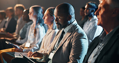 Buy stock photo Tablet, audience and business people at conference, workshop or seminar for finance trading. Digital technology, crowd and male financial manager at fintech convention for training and networking.