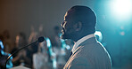 Businessman, speaker and speech for seminar, presentation and audience for conference or convention. Person, back and podium for international trade show, event speech or training workshop coach