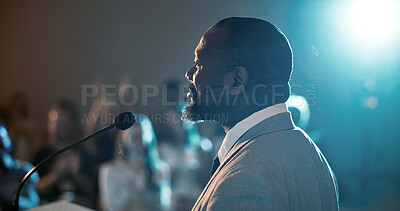 Buy stock photo Businessman, speaker and speech for seminar, presentation or audience for conference or convention. Person, microphone and podium for international trade show, event speech or training workshop coach