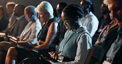 Buy stock photo Tablet, crowd and business people at seminar, workshop or conference for finance trading. Digital technology, audience and group of employees at fintech convention for financial training and network.