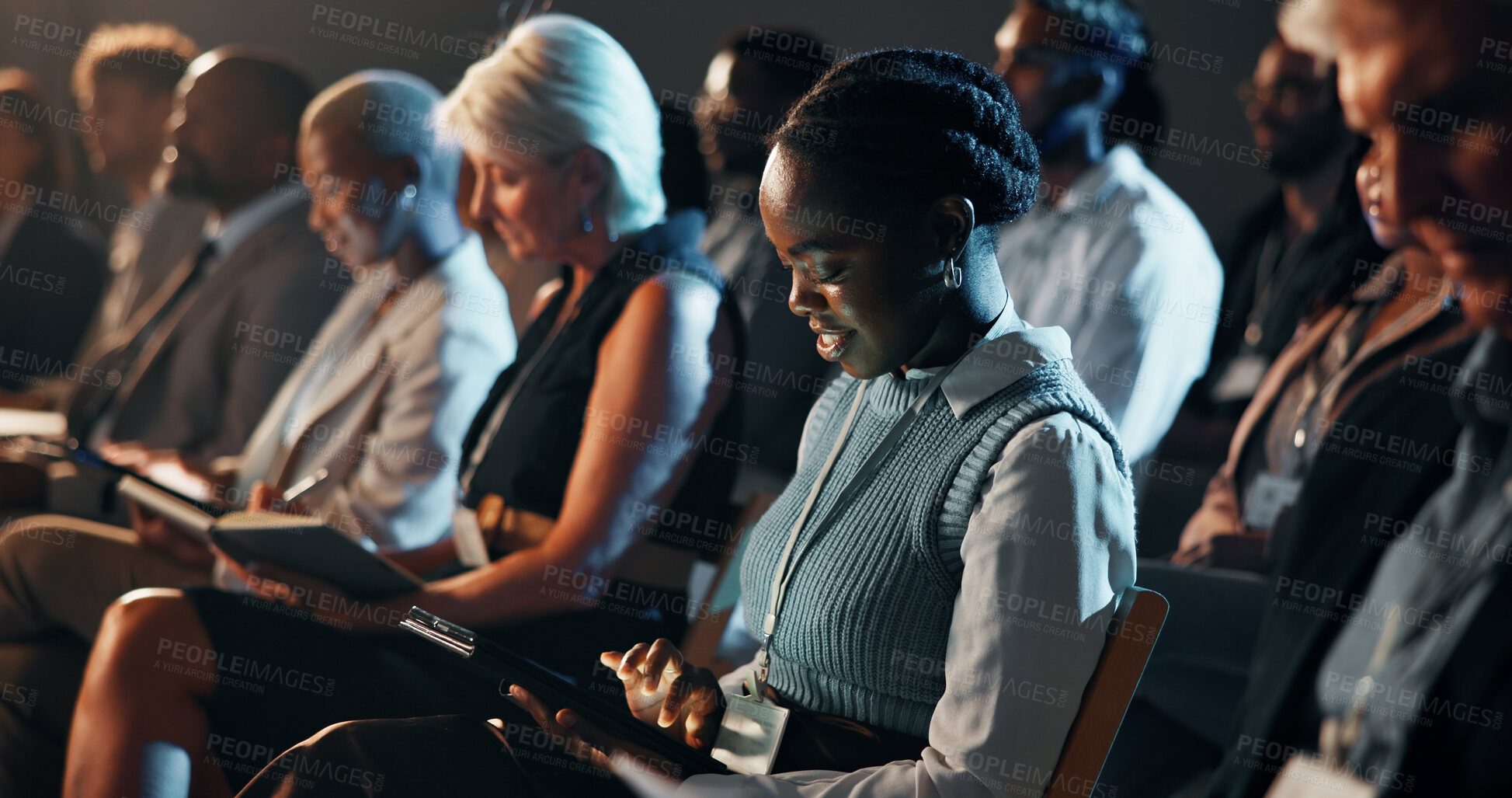 Buy stock photo Tablet, crowd and business people at seminar, workshop or conference for finance trading. Digital technology, audience and group of employees at fintech convention for financial training and network.