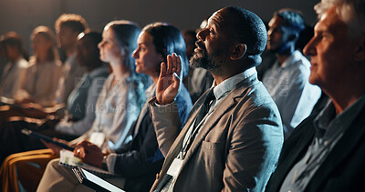 Buy stock photo Question, audience and business people at seminar, workshop or conference for finance trading. Technology, crowd and group of employees at fintech convention for financial training and network.