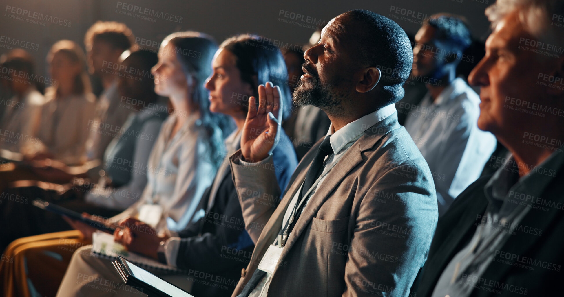 Buy stock photo Question, audience and business people at seminar, workshop or conference for finance trading. Technology, crowd and group of employees at fintech convention for financial training and network.