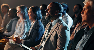 Buy stock photo Business people, audience and man with tablet at conference for corporate convention, listening and diversity. Finance expo, group and happy at international event for career development or workshop