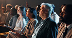 Business people, audience and man with tablet at presentation for corporate convention, listening or diversity. Finance expo, group or speech at international event for career development or training