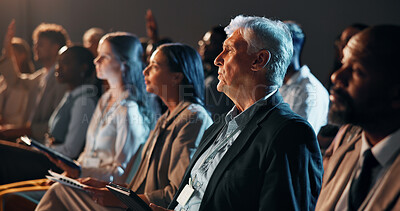 Buy stock photo Business people, audience and man with tablet at presentation for corporate convention, listening or diversity. Finance expo, group or speech at international event for career development or training