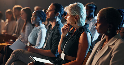 Buy stock photo Tablet, crowd and business people at conference, workshop or seminar for finance trading. Technology, audience and mature female manager at fintech convention for financial training and network.