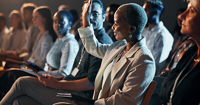 Buy stock photo Question, crowd and business people at seminar, workshop or conference for finance trading. Digital technology, audience and financial manager with raised hand at fintech convention for training.