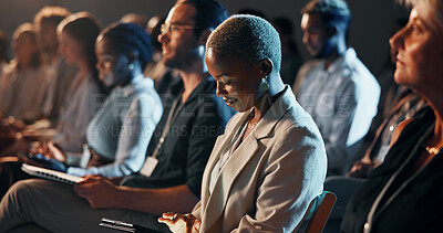 Buy stock photo Tablet, audience and business people at seminar, workshop or conference for finance trading. Digital technology, crowd and group of employees at fintech convention for financial training and network.