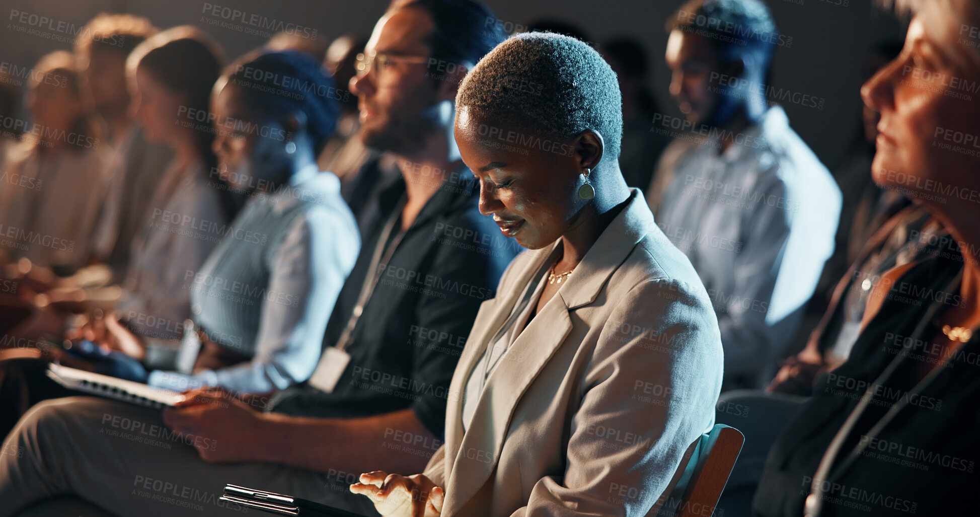 Buy stock photo Tablet, audience and business people at seminar, workshop or conference for finance trading. Digital technology, crowd and group of employees at fintech convention for financial training and network.